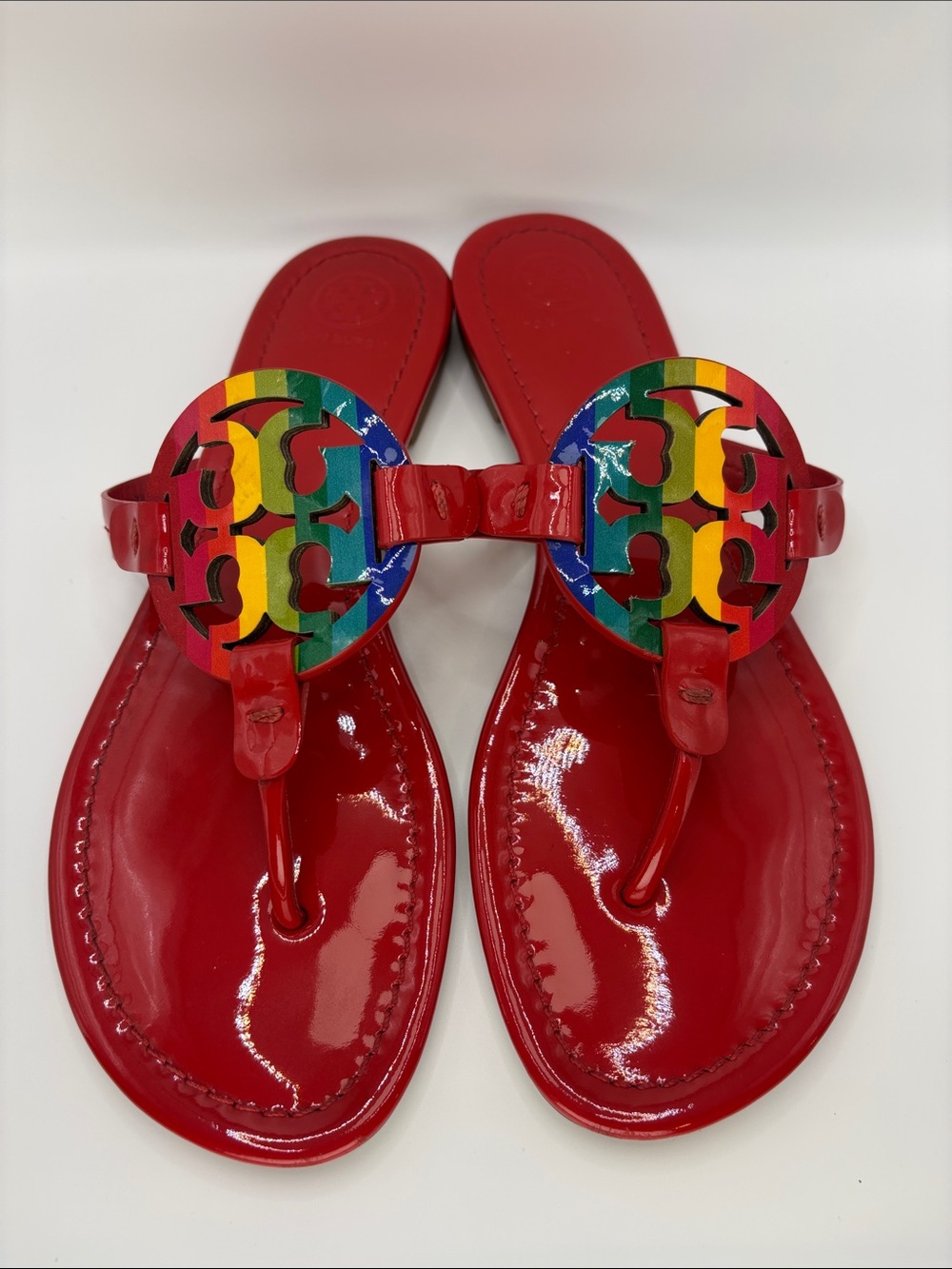 Tory Burch Miller Red Patent Sandals with Rainbow Logo Medallions